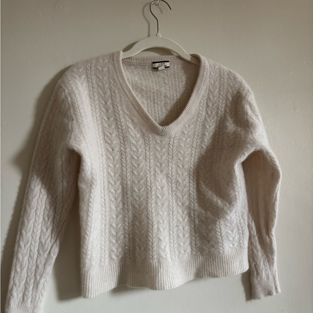 J. Crew Cream V-Neck Cable Knit Sweater
